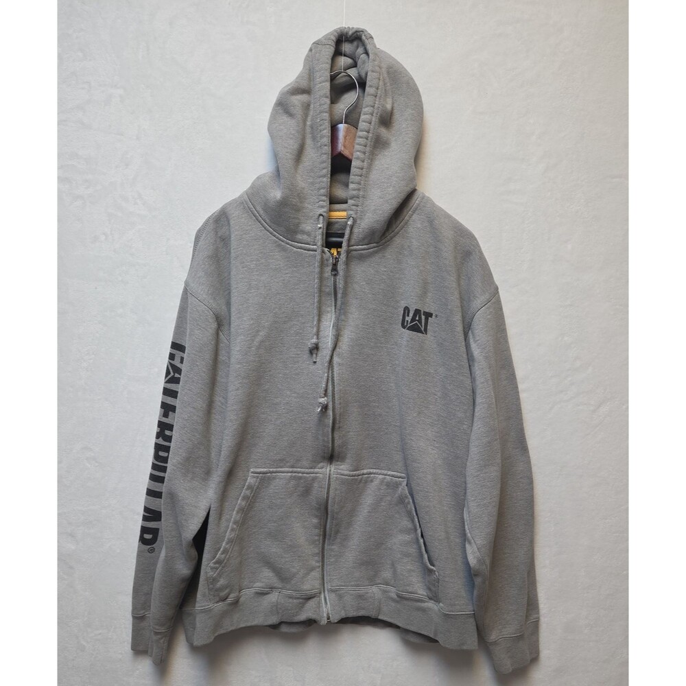 CAT Men's 2XL Gray Full Zip Fleece Hoodie Logo Hooded Pockets Caterpillar